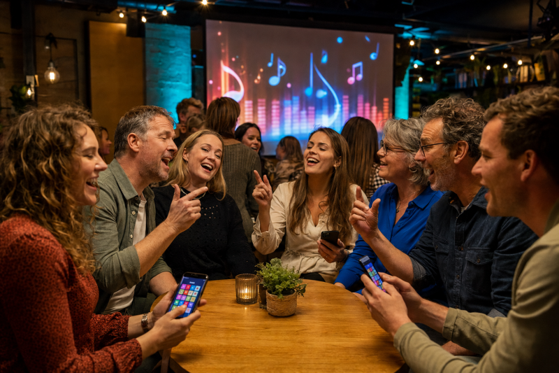 Enthousiaste deelnemers spelen digitale muziekbingo bij RS Events