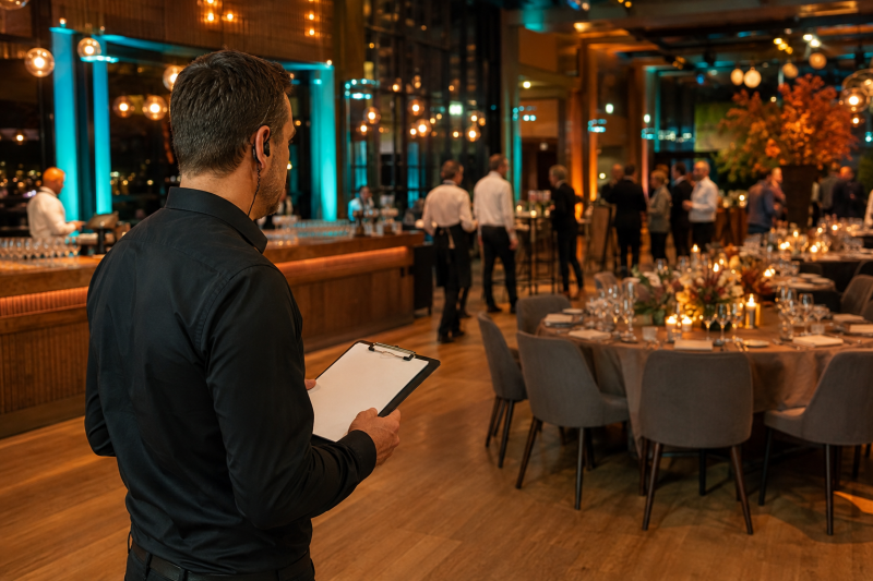 Partymanager houdt tijdens een evenement toezicht op de planning en uitvoering