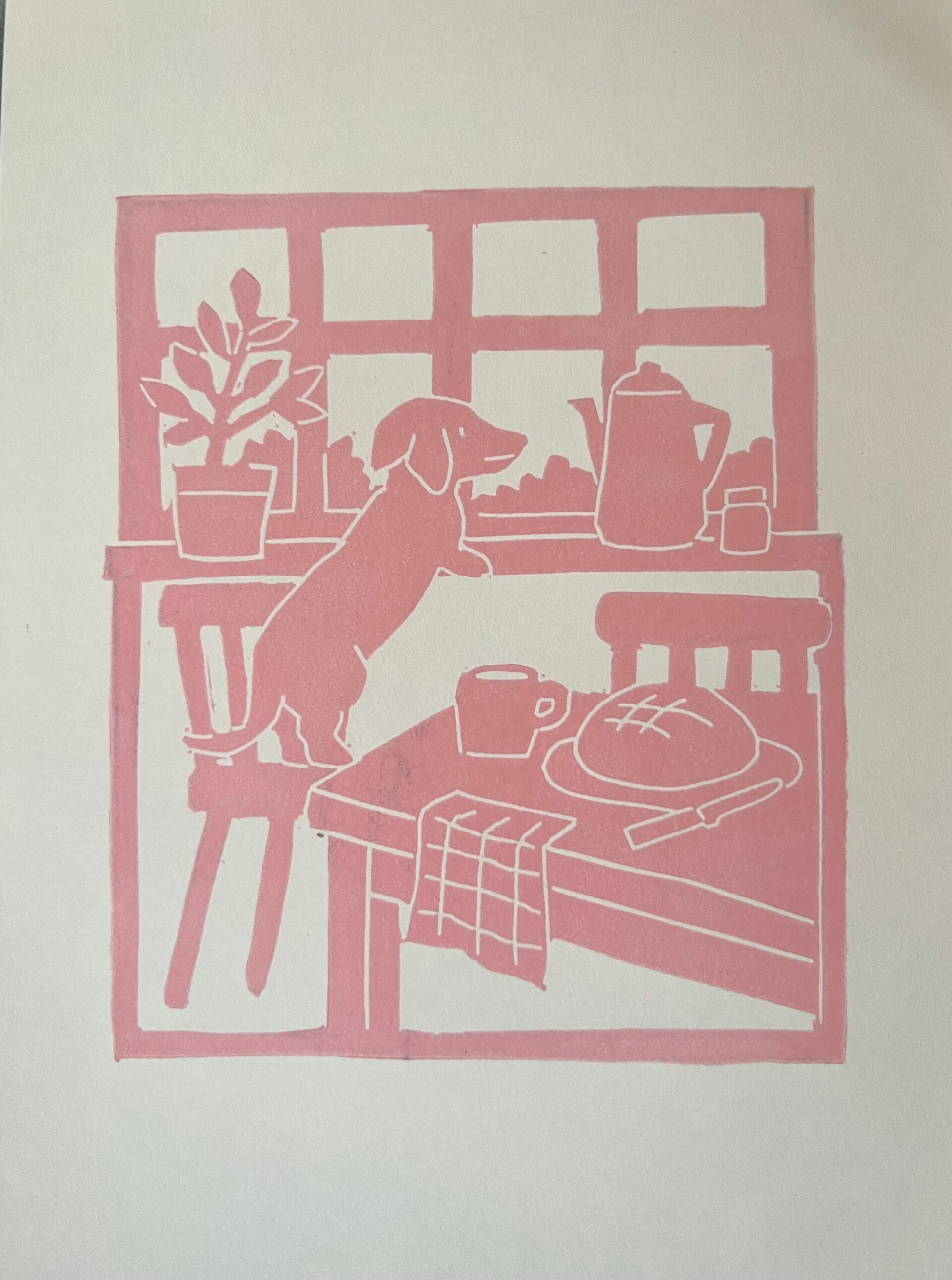 Linoprint tekkel op uitkijk roze