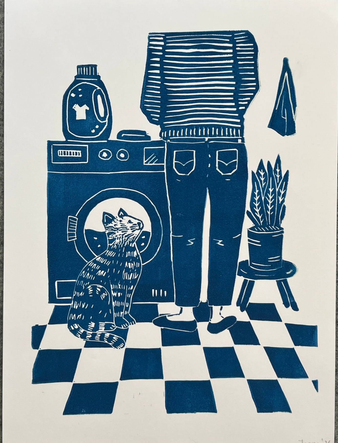 Linoprint “samen de was doen”