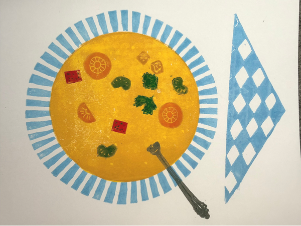 Linoprint bord soep
