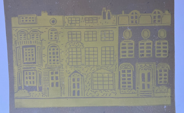 Linoprint Engelse rijtjes huizen in geel