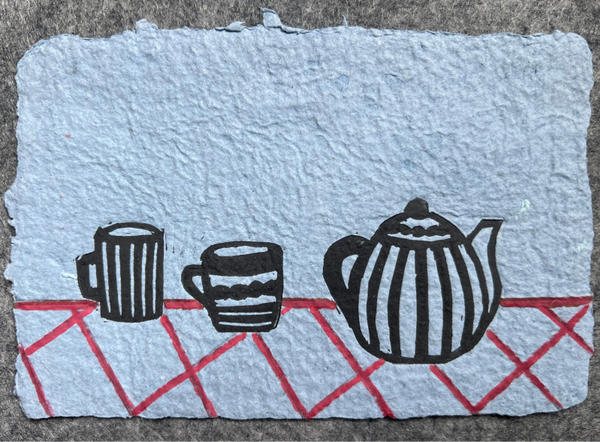 Kleine linoprint/mixed media servies op handgeschept papier
