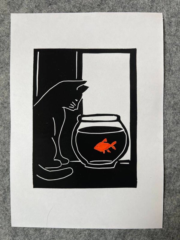 Linoprint kat en vissenkom