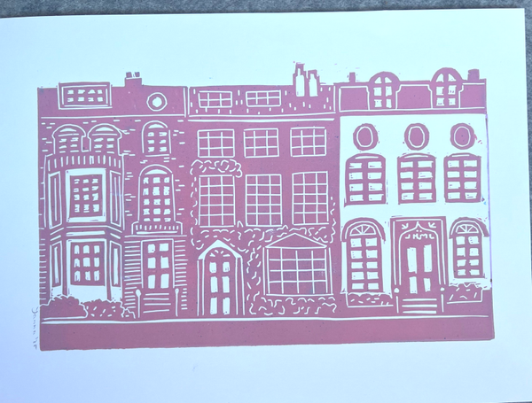 Linoprint Engelse rijtjeshuizen