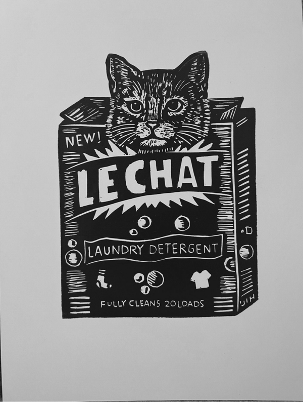 Linoprint “kat in wasmiddelpak”