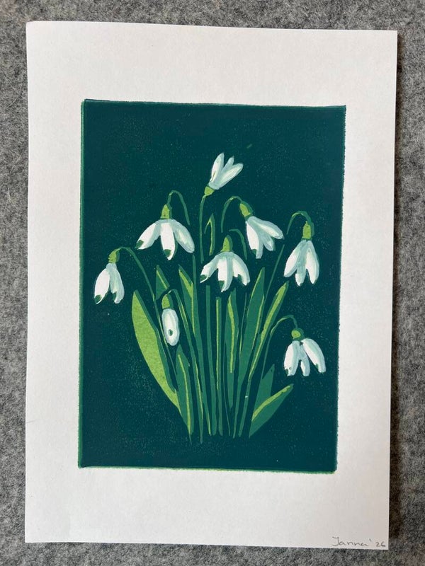 Reductie linoprint- mixed media Sneeuwklokjes