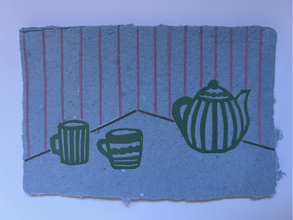 kleine linoprint "theepot en kopjes"