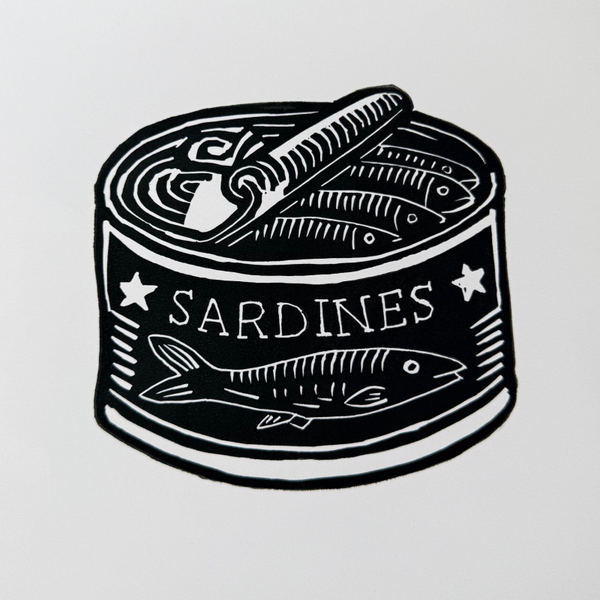 Linoprint rond blik sardines