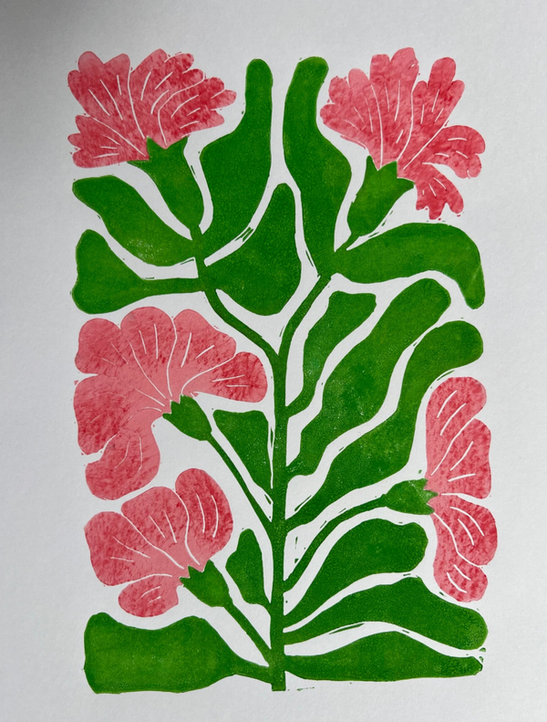 Linosnede art deco stijl bloemen roze