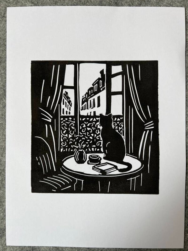 Linoprint kat in Parijs