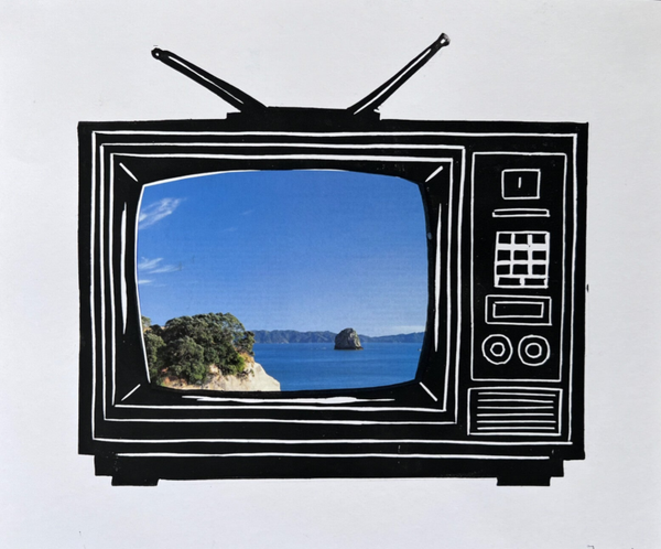 Linoprint TV met uitzicht Chine collé techniek