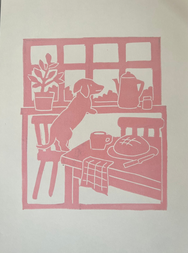Linoprint tekkel op uitkijk roze