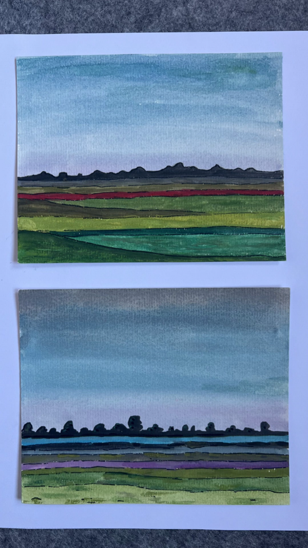 set van twee aquarellen verfijnd met pen Frans landschap