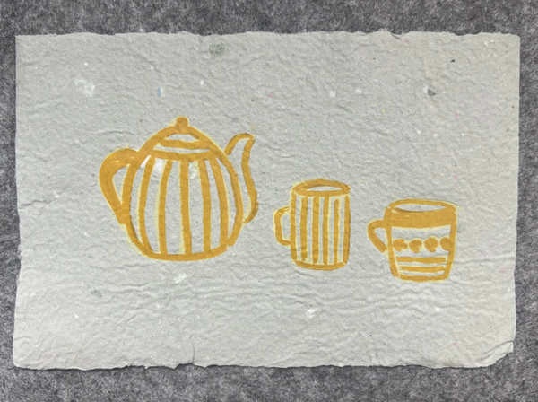 Linosnede “theeservies” op handgeschept papier