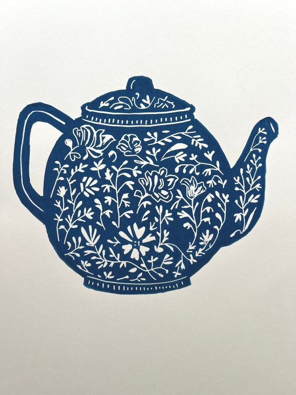 Linoprint theepot- linocut teapot