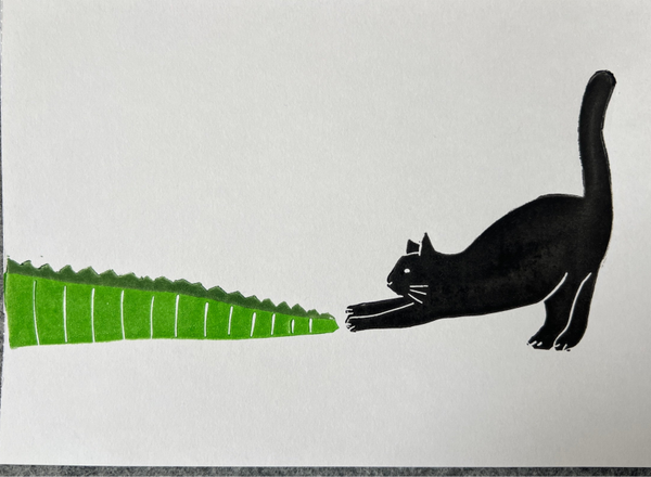 Linoprint kat vangt krokodil