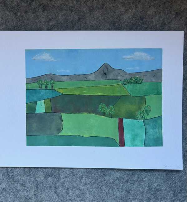 linoprint Frans landschap (jigsaw techniek)