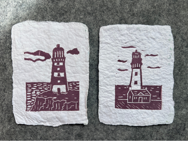 Set van 2 kleine linoprints vuurtorens