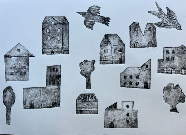 Tetrapak ets- pentekening: “vogels boven het dorp”