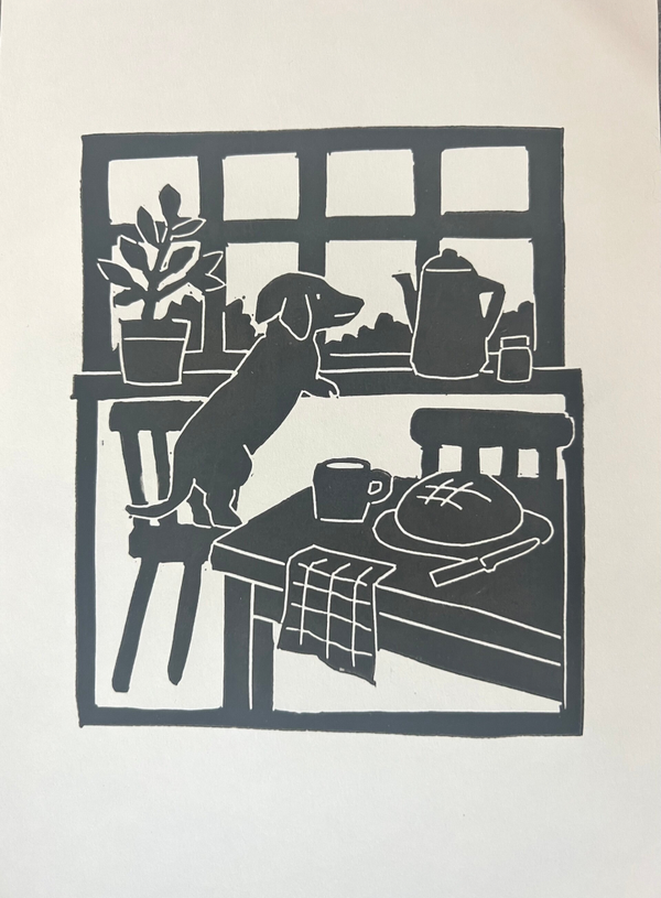 Linoprint tekkel op uitkijk zwart