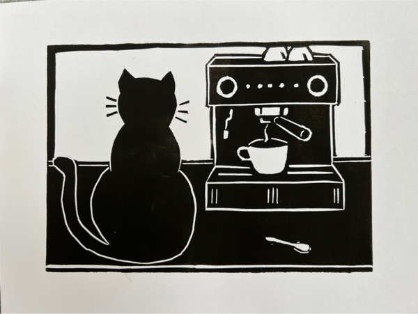 Linoprint “Kat wacht op koffie”.