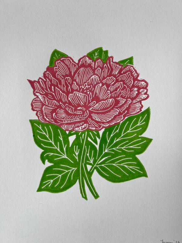 Linoprint pioenroos