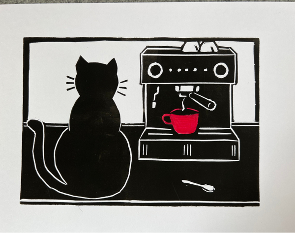 Linoprint kat wacht op koffie
