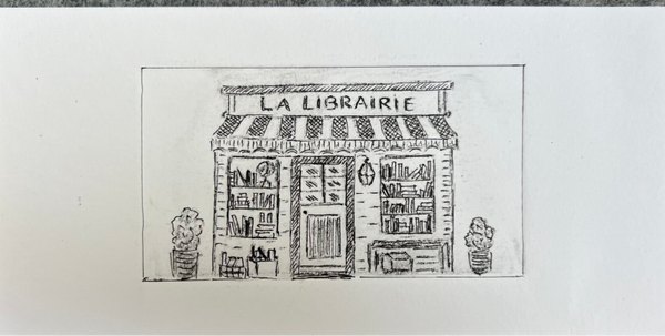 Ets- pentekening Franse boekwinkel