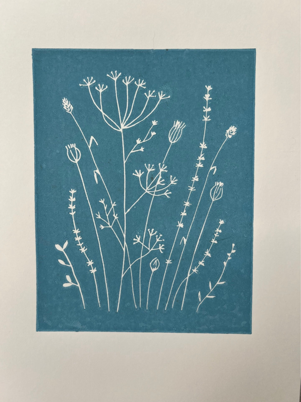Linosnede veldbloemen in blauw