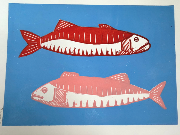 Linoprint pop art vissen