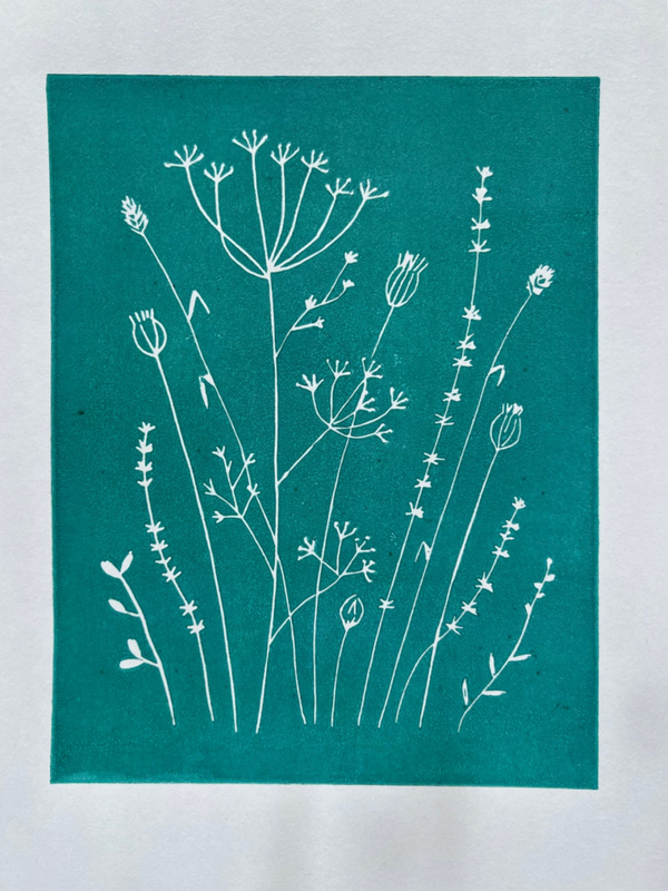 Linosnede veldbloemen in aqua