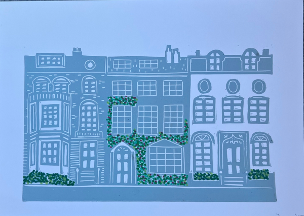 Linoprint Engelse rijtjeshuizen