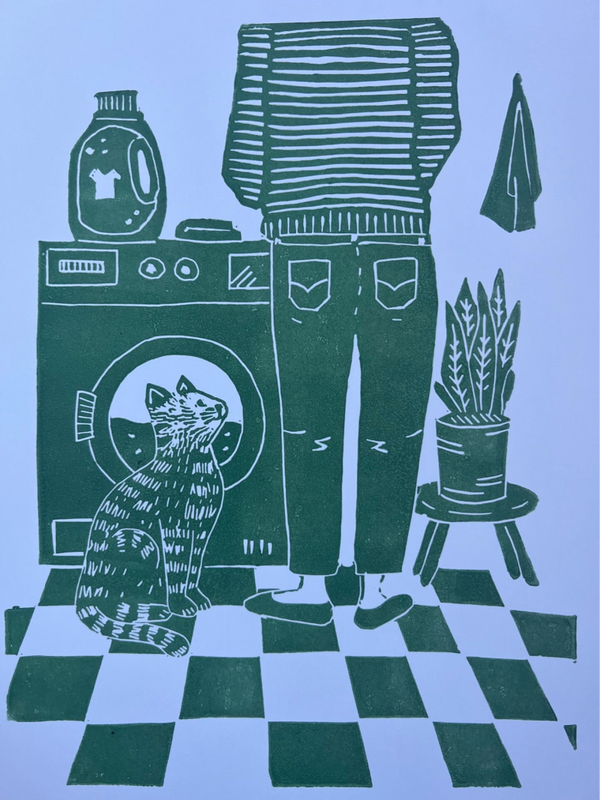 Linoprint “samen de was doen”