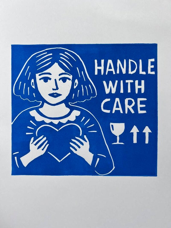 Linoprint “handle with care”