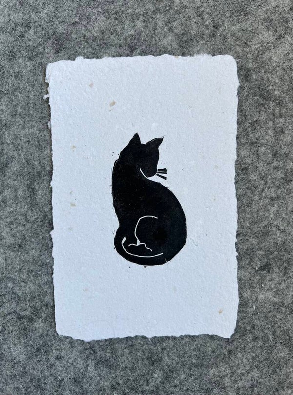 Linoprint “kat” op handgeschept papier