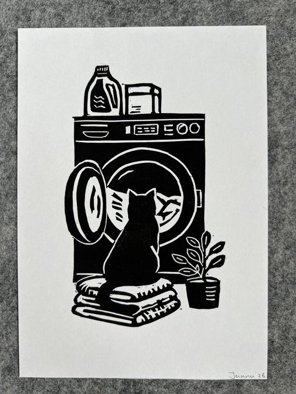 Linoprint kat met uitzicht.