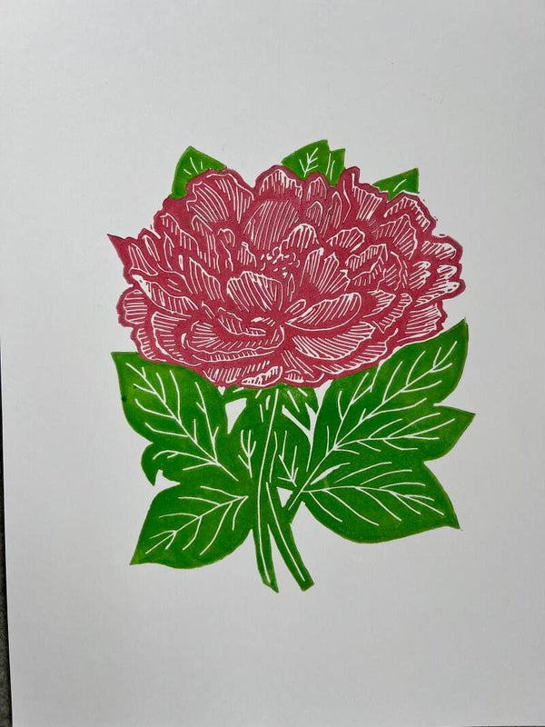 Linoprint pioenroos