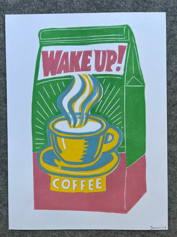 Linoprint koffiepak wake up! In pastel