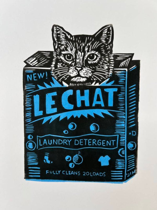 Meerkleurige linosnede Kat in wasmiddelpak blauw