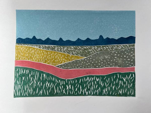 Linosnede landschap meerkleurig