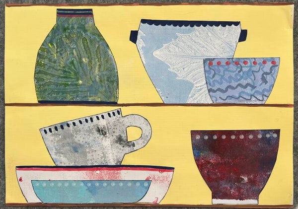 Collage werk “servieskast “op gele achtergrond