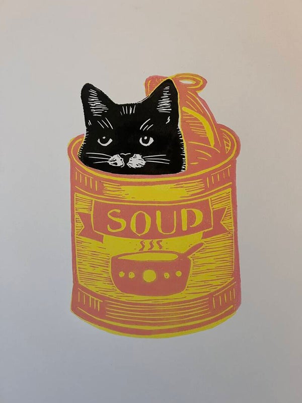 Linosnede meerkleurig kat in de soep