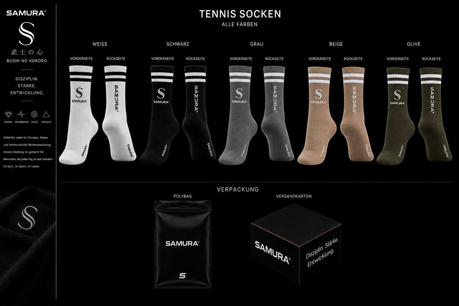 SAMURA Tennissocken Unisex – Premium Sportsocken | Schwarz, Weiß, Grau, Beige & Olive