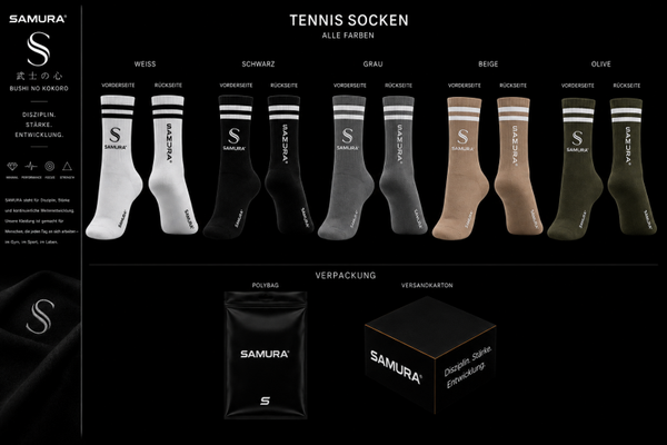 SAMURA Tennissocken Unisex – Premium Sportsocken | Schwarz, Weiß, Grau, Beige & Olive
