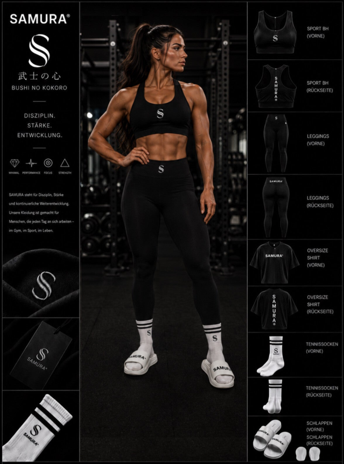 SAMURA Damen Komplett-Set – Oversize T-Shirt, Sport-BH, Leggings, Tennissocken & Schlappen