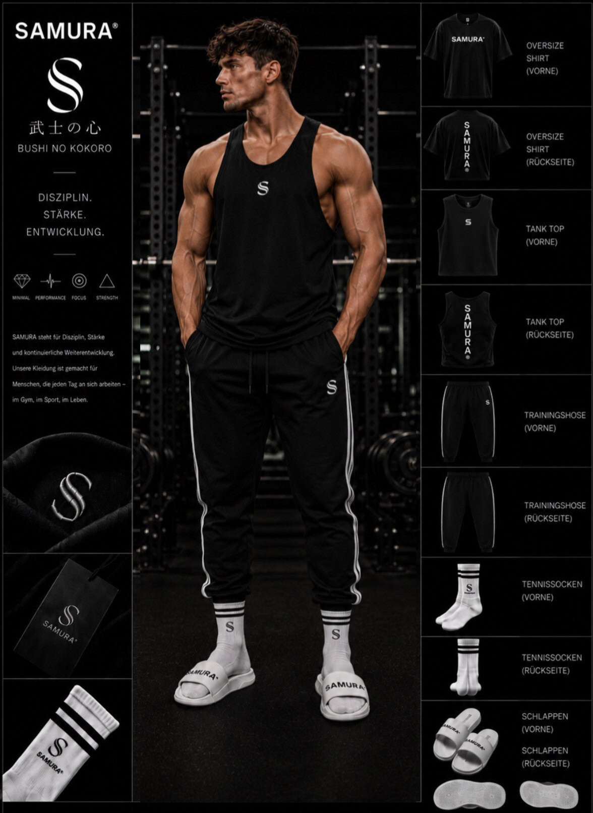 SAMURA Herren Komplett-Set – Oversize Shirt, Muskelshirt, Trainingshose, Tennissocken & Schlappen