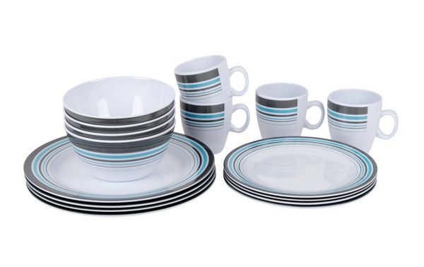 Bo-Camp - Servies - 100% Melamine - 16-Delig - Wit/Blauw/Grijs - 6181100