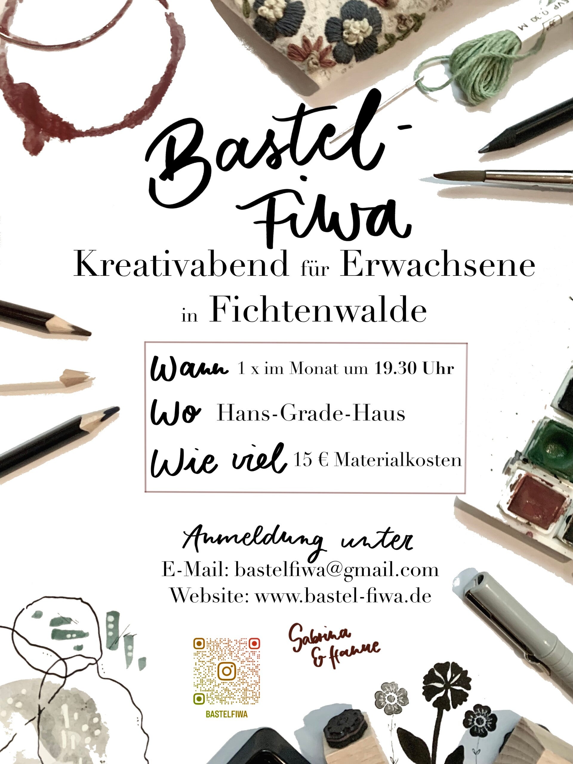 Bastel-Fiwa in Fichtenwalde (Beelitz), Kunstkurse für Erwachsene, Kreativkurse für Erwachsene, Sticken, Aquarell, abstrakte Malerei, Bastelfiwa, kreativ, Kunst, Erwachsene, Kurs, Kreativabend, gemütlich, gesellig, Menschen kennenlernen, zusammen malen