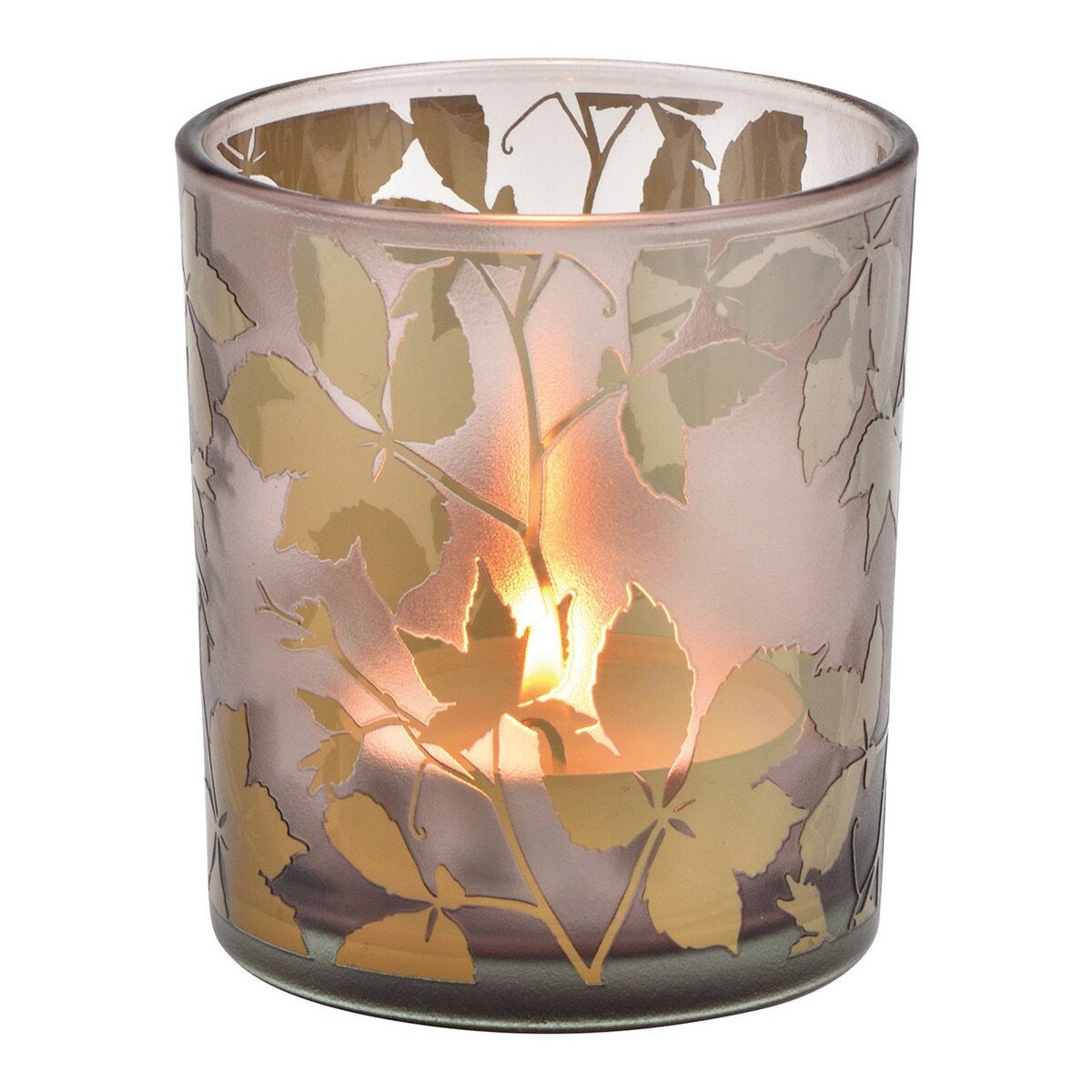 windlicht met blaadjes smoke glas 9x10x9 cm